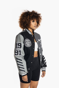 SMOKE RISE EMBROIDERY FASHION MELTON VARSITY JACKET (GREY)