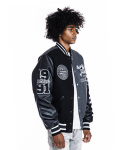 SMOKE RISE EMBROIDERY FASHION MELTON VARSITY JACKET (GREY)