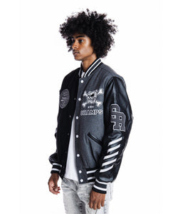 SMOKE RISE EMBROIDERY FASHION MELTON VARSITY JACKET (GREY)