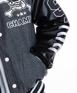 SMOKE RISE EMBROIDERY FASHION MELTON VARSITY JACKET (GREY)