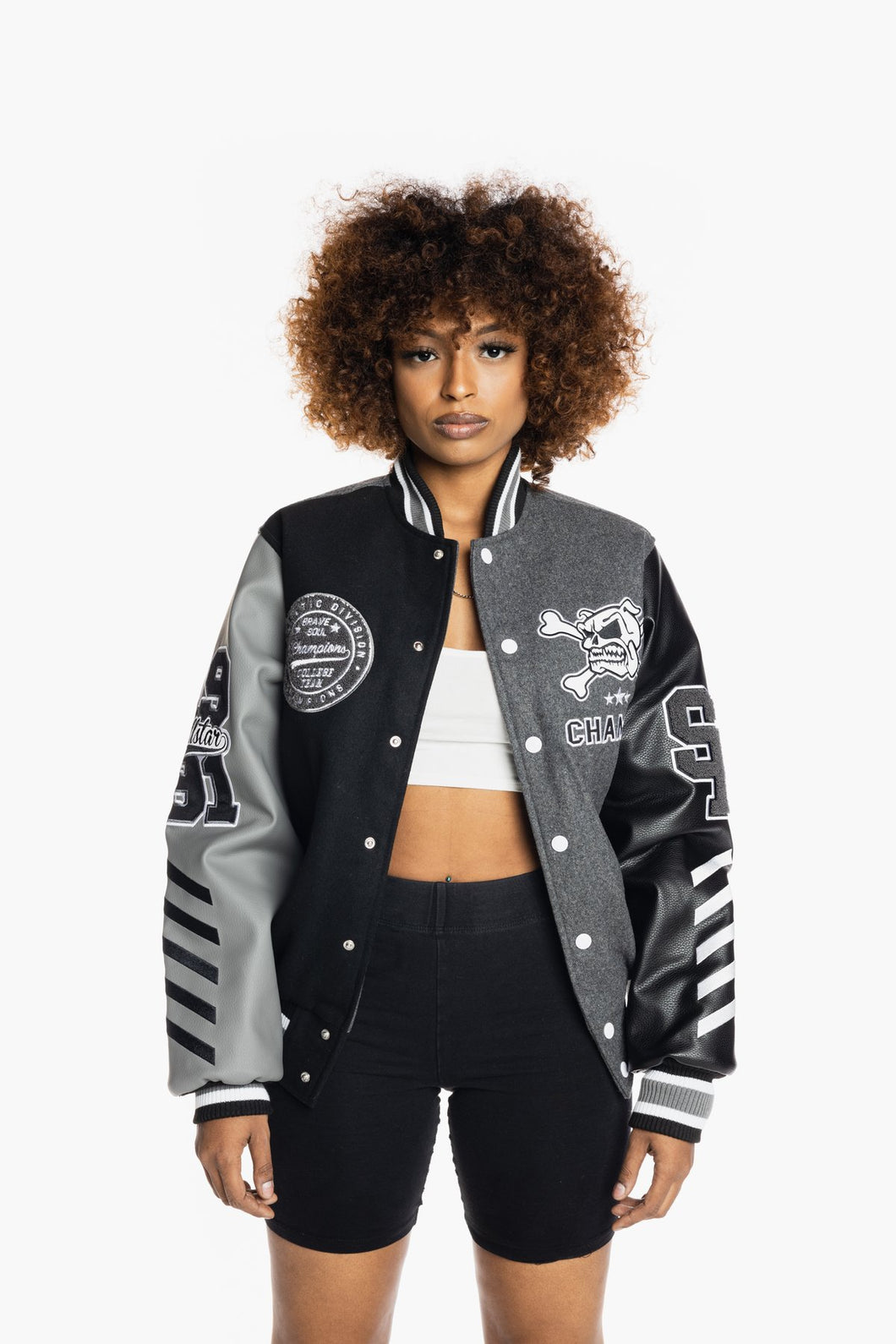 SMOKE RISE EMBROIDERY FASHION MELTON VARSITY JACKET (GREY)