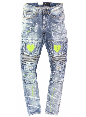 FOCUS Medium Blue Neon Green Heart Jeans