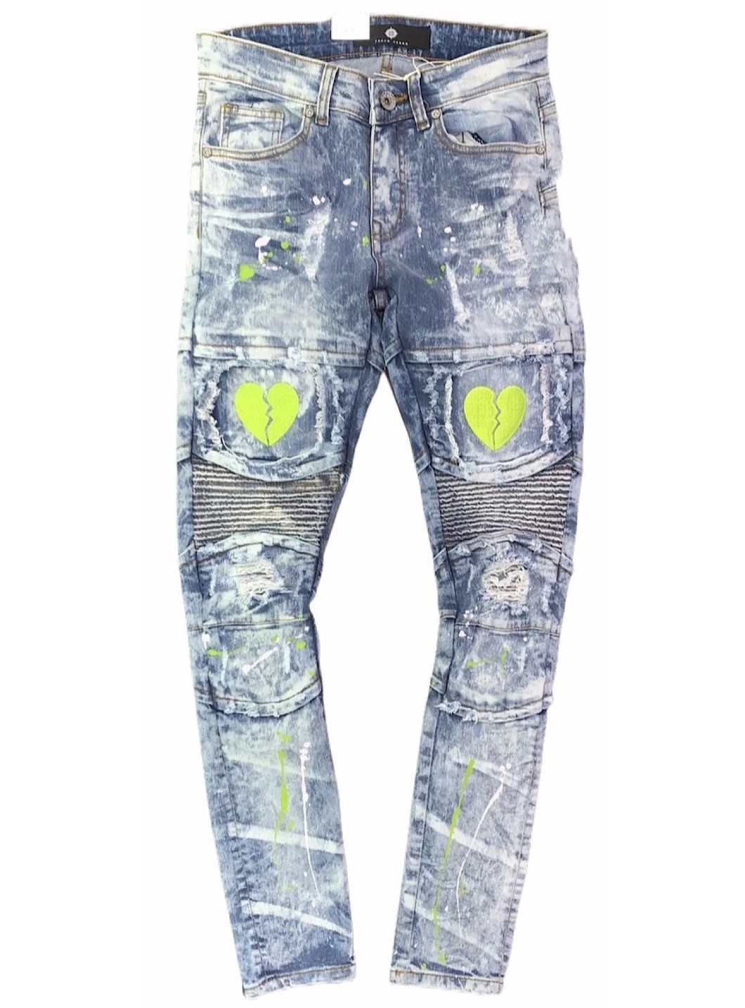 FOCUS Medium Blue Neon Green Heart Jeans