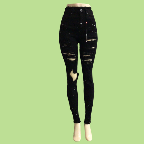 REDFOX HIGH WAISTED Rip Off Fringe Jeans SPLATTER (BLACK)PA0507