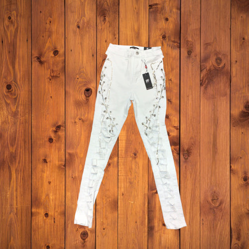 REDFOX HIGHWAIST RHINESTONE LACED JEAN (WHITE) PA0527