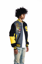 Load image into Gallery viewer, SMOKE RISE COLOR BLOCK FASHION VARSITY JACKET - BLACK/YELLOW