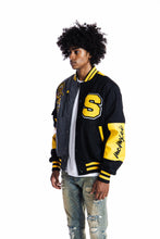 Load image into Gallery viewer, SMOKE RISE COLOR BLOCK FASHION VARSITY JACKET - BLACK/YELLOW