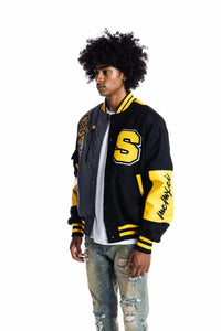 SMOKE RISE COLOR BLOCK FASHION VARSITY JACKET - BLACK/YELLOW