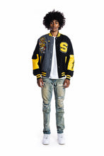 Load image into Gallery viewer, SMOKE RISE COLOR BLOCK FASHION VARSITY JACKET - BLACK/YELLOW