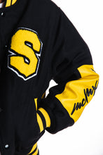 Load image into Gallery viewer, SMOKE RISE COLOR BLOCK FASHION VARSITY JACKET - BLACK/YELLOW