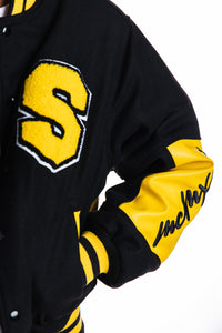 SMOKE RISE COLOR BLOCK FASHION VARSITY JACKET - BLACK/YELLOW