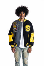 Load image into Gallery viewer, SMOKE RISE COLOR BLOCK FASHION VARSITY JACKET - BLACK/YELLOW