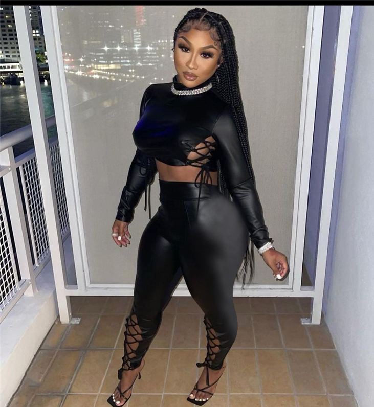 Women's PU Leather Crop Top w/ Pant Set (Black) IN STORES NOW !