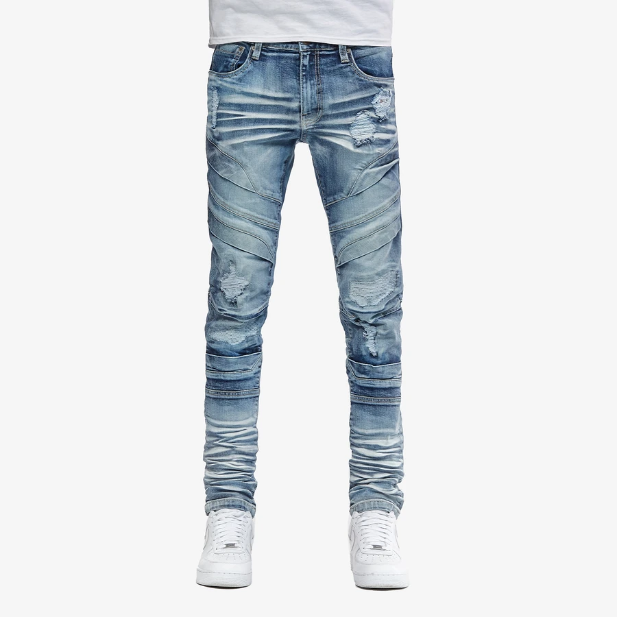 COPPER RIVET PREMIUM LIGHT BLUE SAND WASHED MOTO JEANS