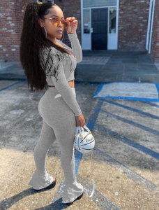 Women's Long Sleeve Crop Top and Flare Pants 2 Piece Set (Grey) IN STORES NOW !