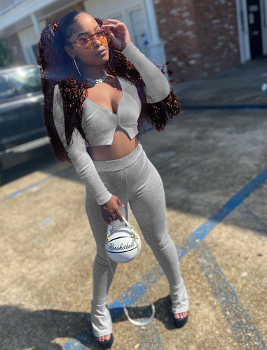 Women's Long Sleeve Crop Top and Flare Pants 2 Piece Set (Grey) IN STORES NOW !