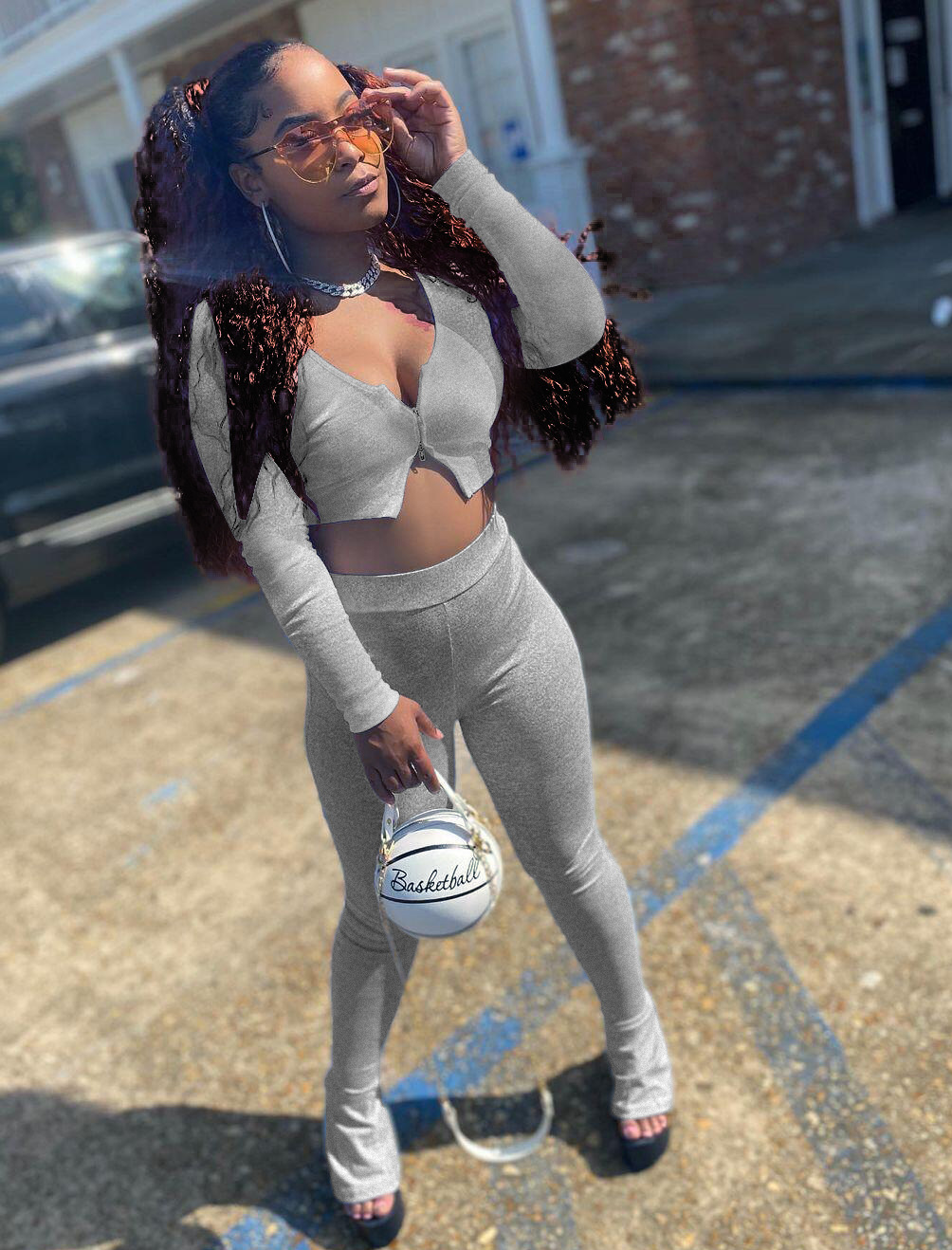 Women's Long Sleeve Crop Top and Flare Pants 2 Piece Set (Grey) IN STORES NOW !
