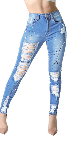 REDFOX HIGHWAIST SPLATTER DISTRESSED JEAN (LT. BLUE) PA0563