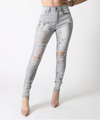 REDFOX HIGHWAIST SPLATTER DISTRESSED JEAN (LT. GREY) PA0563