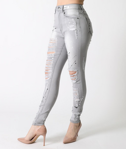 REDFOX HIGHWAIST SPLATTER DISTRESSED JEAN (LT. GREY) PA0563