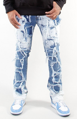 COOPER 9 BORDER PATCH STACK DENIM JEANS BLEACH