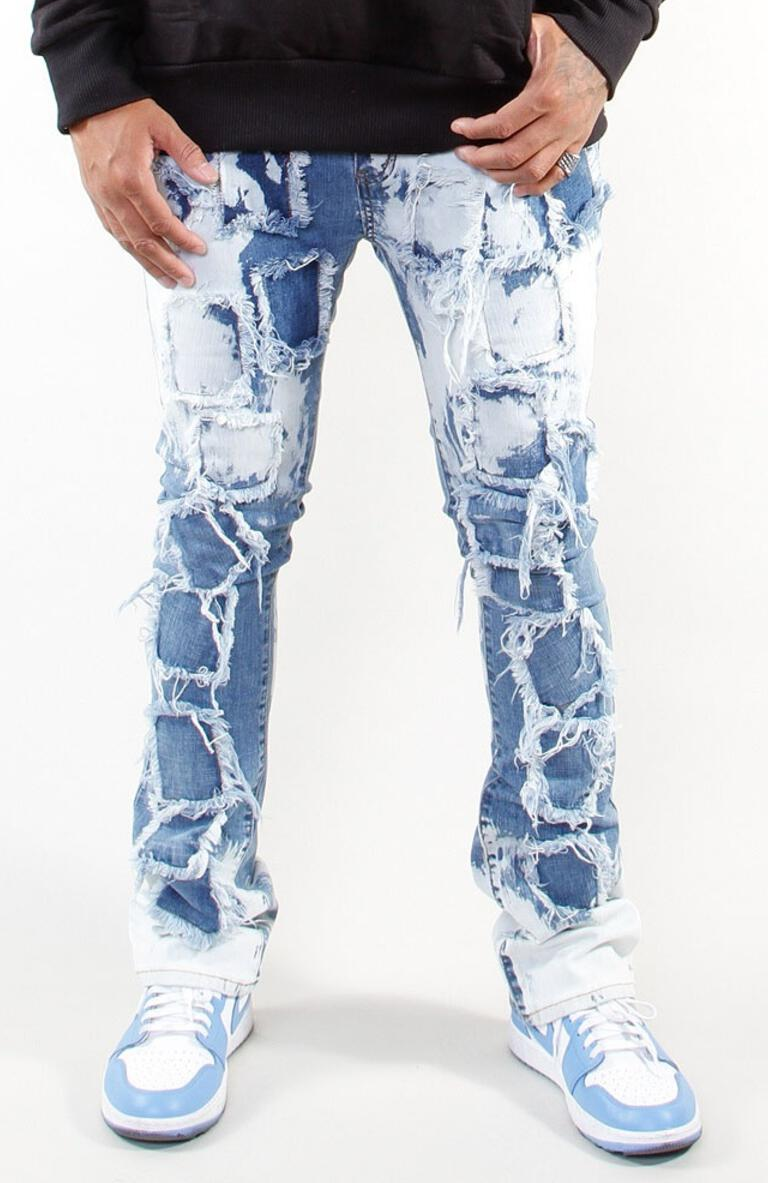 COOPER 9 BORDER PATCH STACK DENIM JEANS BLEACH