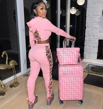 Load image into Gallery viewer, Women&#39;s Hollow Out Hoodie Crop w/ Jogger Set (PINK) IN STORES NOW !
