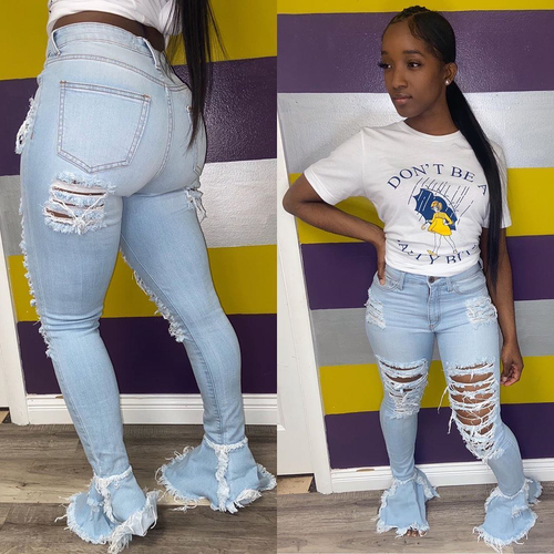 Women's Sky Blue Retro Ripped Flare Jeans (IN STORE NOW)