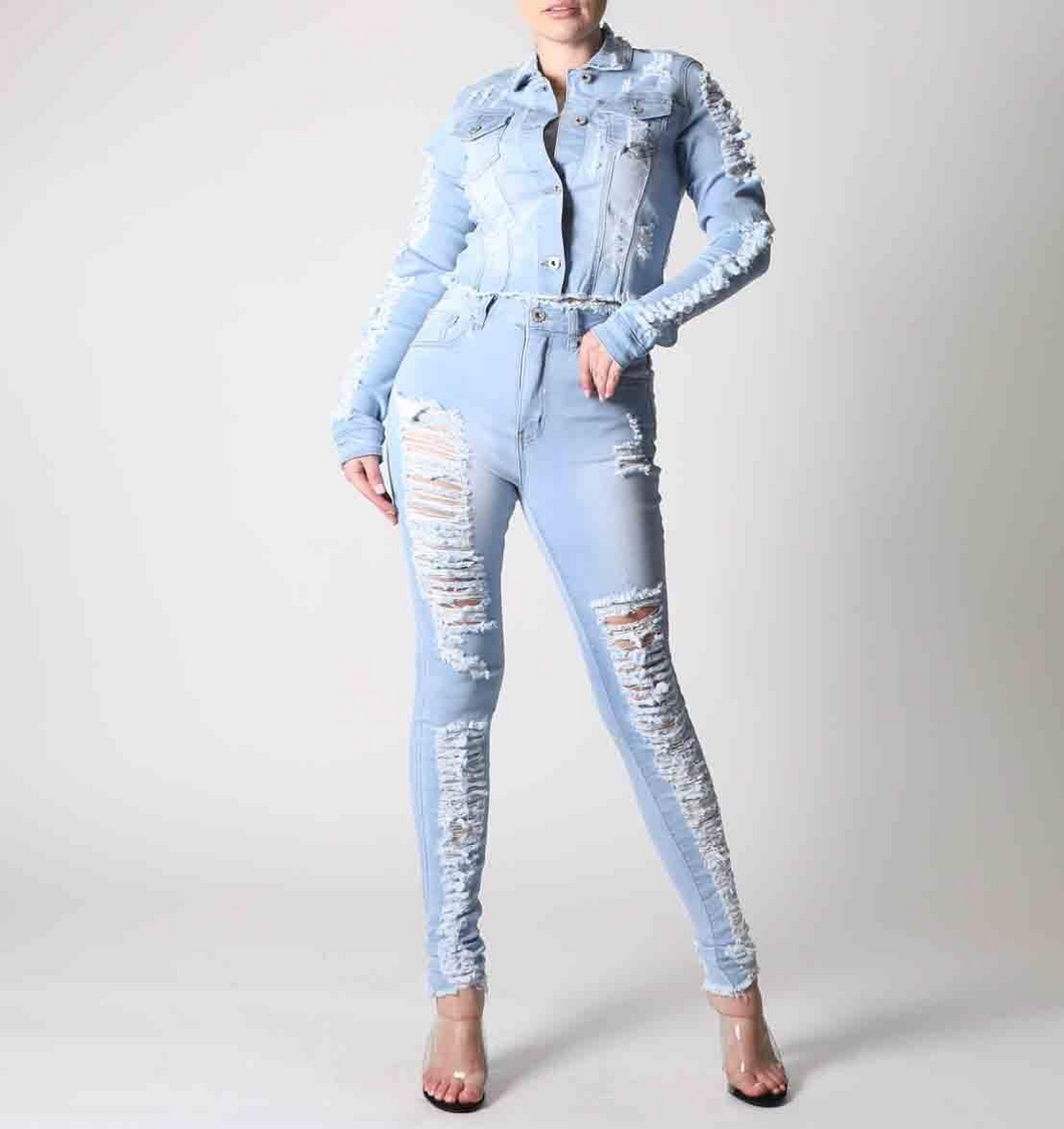 REDFOX HEAVY DISTRESSED DENIM SET ( LT BLUE) SD123/123P